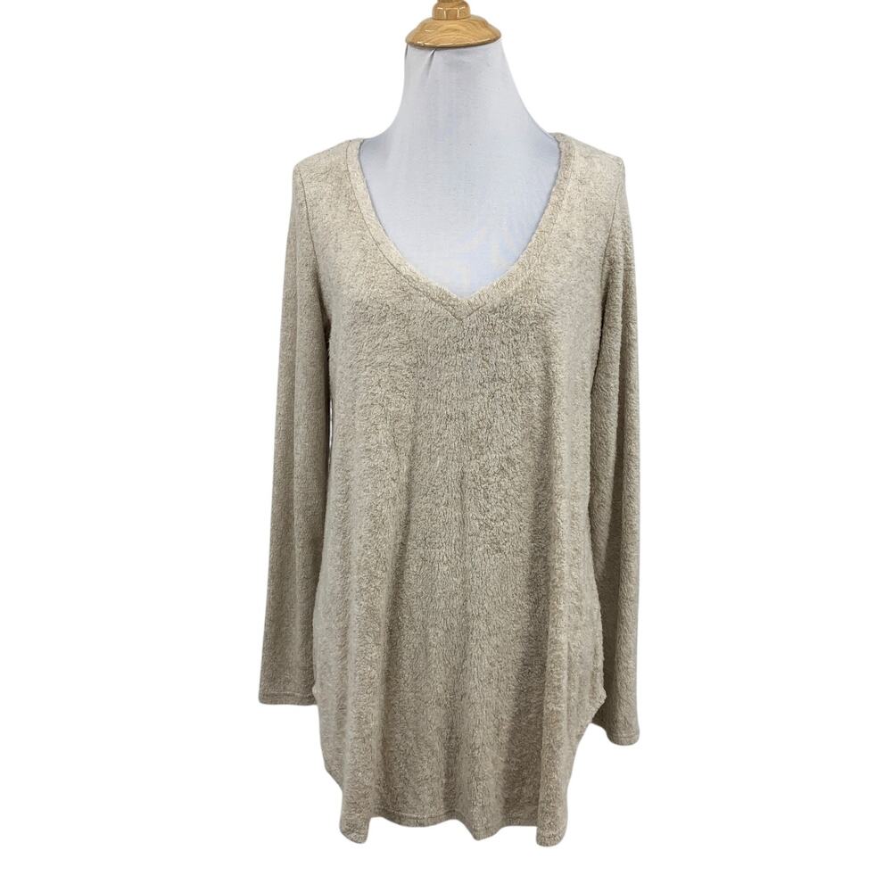 Freeloader Sweater Womens M Medium Cream Teddy Fleece High Low Hem Tunic V Neck